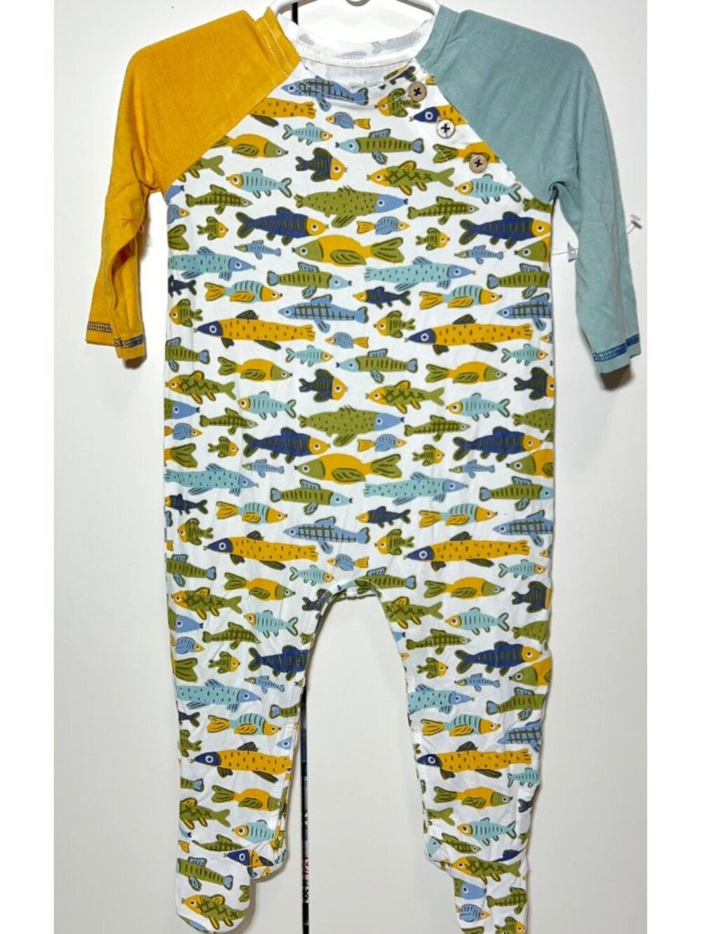 Mud Pie 3m 6m NWOT blue yellow Fish Baby footed Bamboo knit Sleeper footie